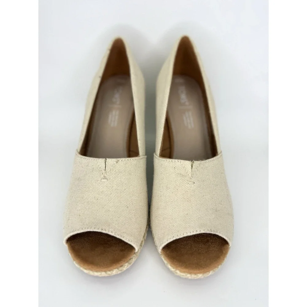 TOMS Canvas Espadrille Wedge Heels‎ Women's 9.5 Open Toe Natural Jute Sole